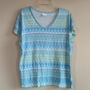 J. Jill Size Large Blue and Green Patterned Women's Top Striped